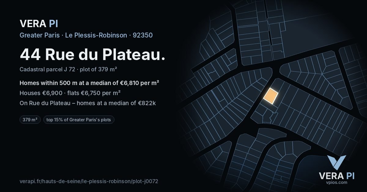 44 Rue du Plateau, Le Plessis-Robinson at night – the plot lit, the parcels around coloured by the prices near them