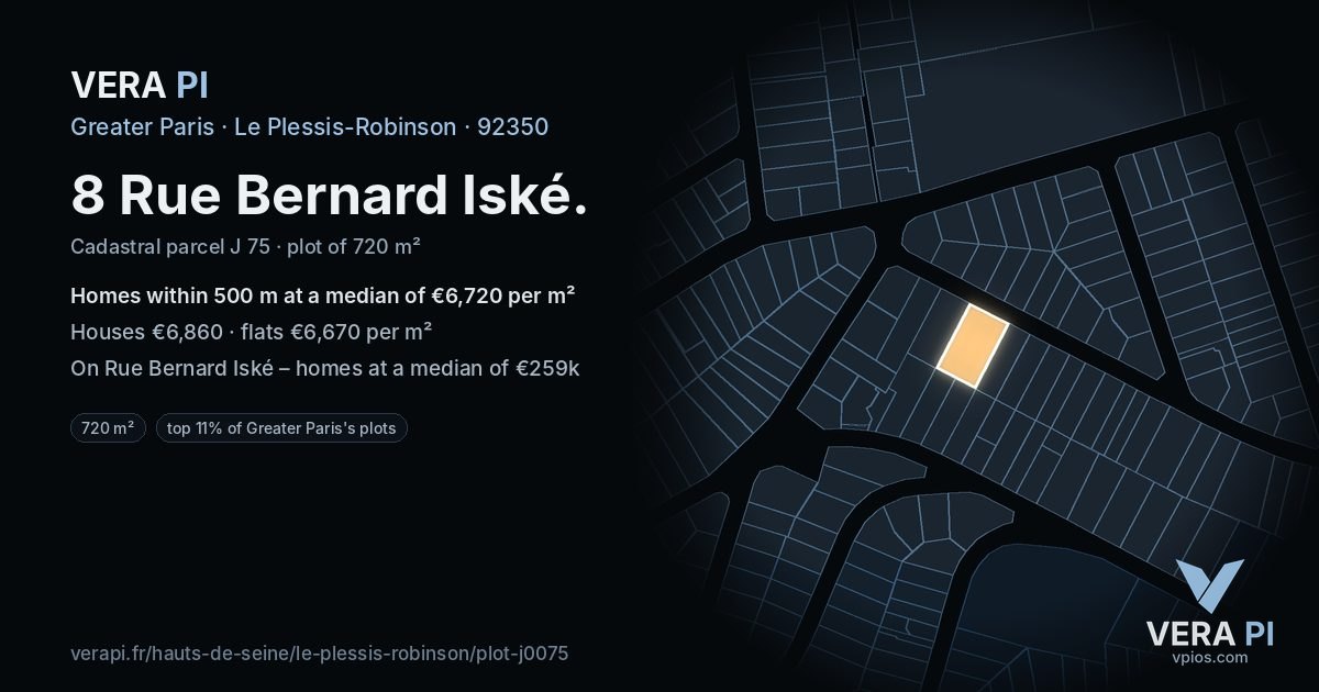 8 Rue Bernard Iské, Le Plessis-Robinson at night – the plot lit, the parcels around coloured by the prices near them