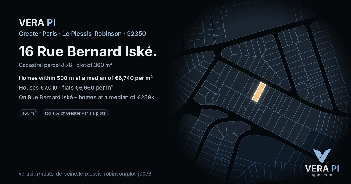 16 Rue Bernard Iské, Le Plessis-Robinson at night – the plot lit, the parcels around coloured by the prices near them