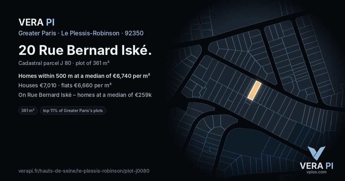 20 Rue Bernard Iské, Le Plessis-Robinson at night – the plot lit, the parcels around coloured by the prices near them