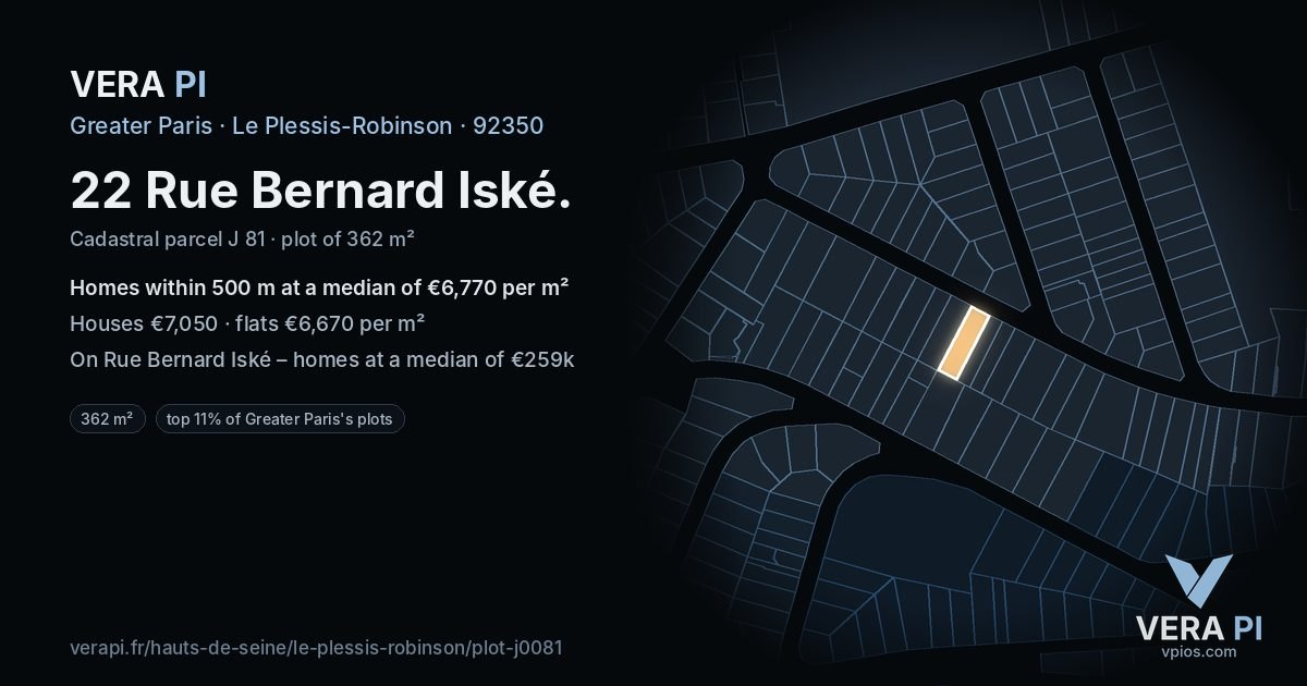 22 Rue Bernard Iské, Le Plessis-Robinson at night – the plot lit, the parcels around coloured by the prices near them