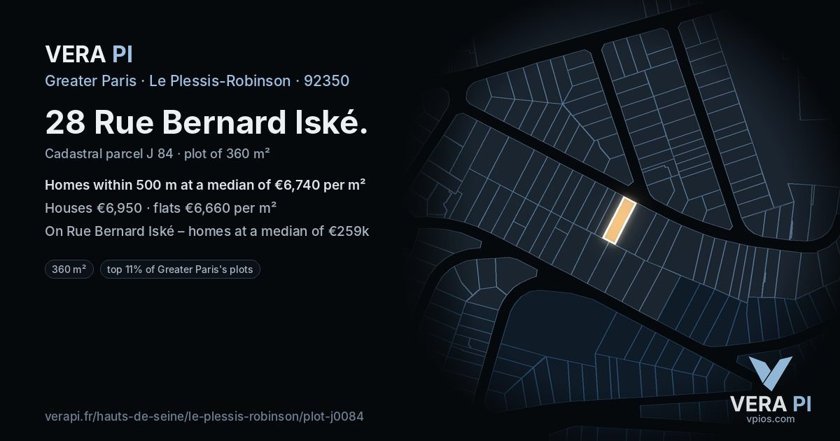 28 Rue Bernard Iské, Le Plessis-Robinson at night – the plot lit, the parcels around coloured by the prices near them