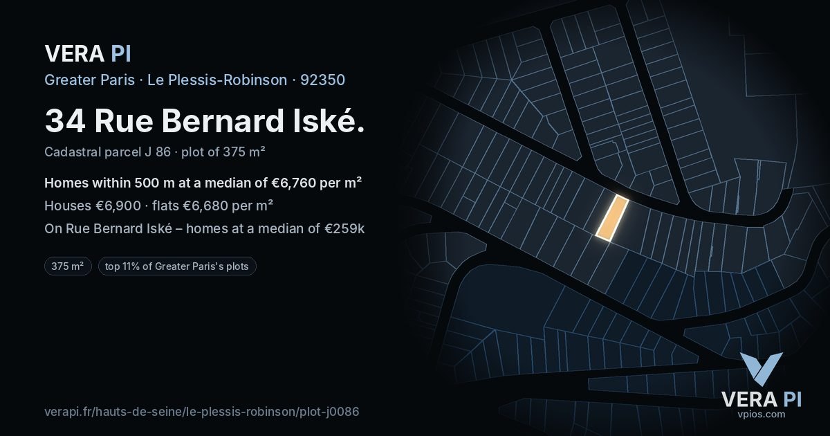 34 Rue Bernard Iské, Le Plessis-Robinson at night – the plot lit, the parcels around coloured by the prices near them