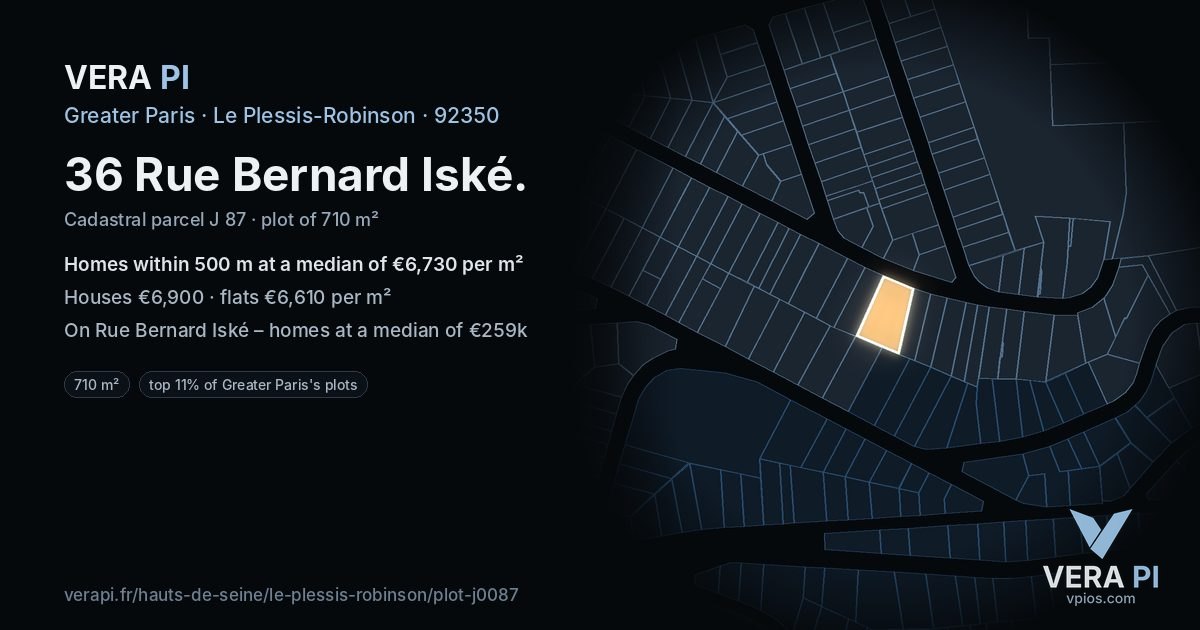 36 Rue Bernard Iské, Le Plessis-Robinson at night – the plot lit, the parcels around coloured by the prices near them