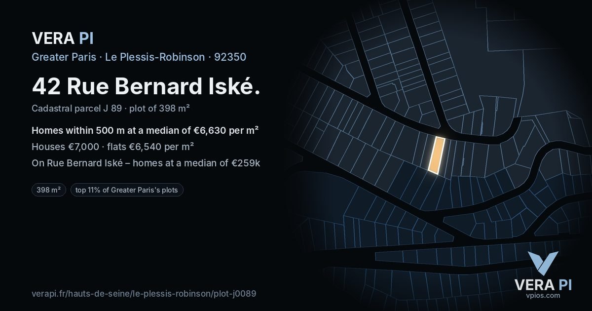 42 Rue Bernard Iské, Le Plessis-Robinson at night – the plot lit, the parcels around coloured by the prices near them