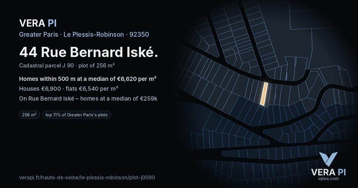 44 Rue Bernard Iské, Le Plessis-Robinson at night – the plot lit, the parcels around coloured by the prices near them