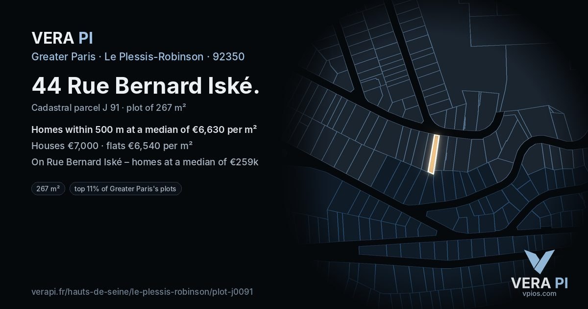 44 Rue Bernard Iské, Le Plessis-Robinson at night – the plot lit, the parcels around coloured by the prices near them