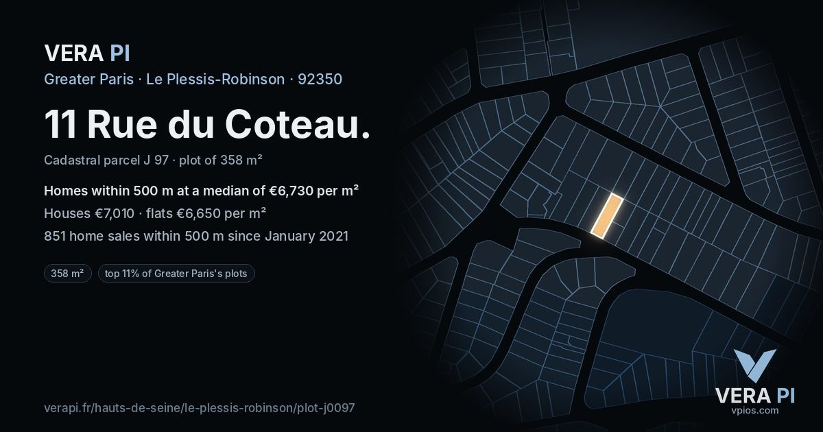 11 Rue du Coteau, Le Plessis-Robinson at night – the plot lit, the parcels around coloured by the prices near them