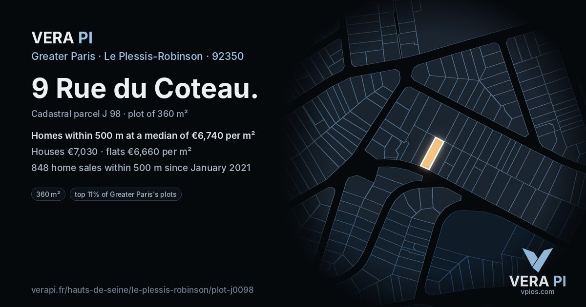 9 Rue du Coteau, Le Plessis-Robinson at night – the plot lit, the parcels around coloured by the prices near them