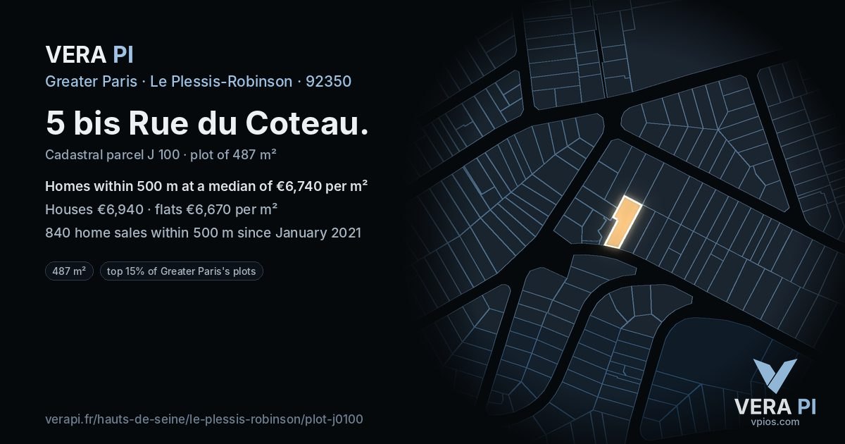 5 bis Rue du Coteau, Le Plessis-Robinson at night – the plot lit, the parcels around coloured by the prices near them