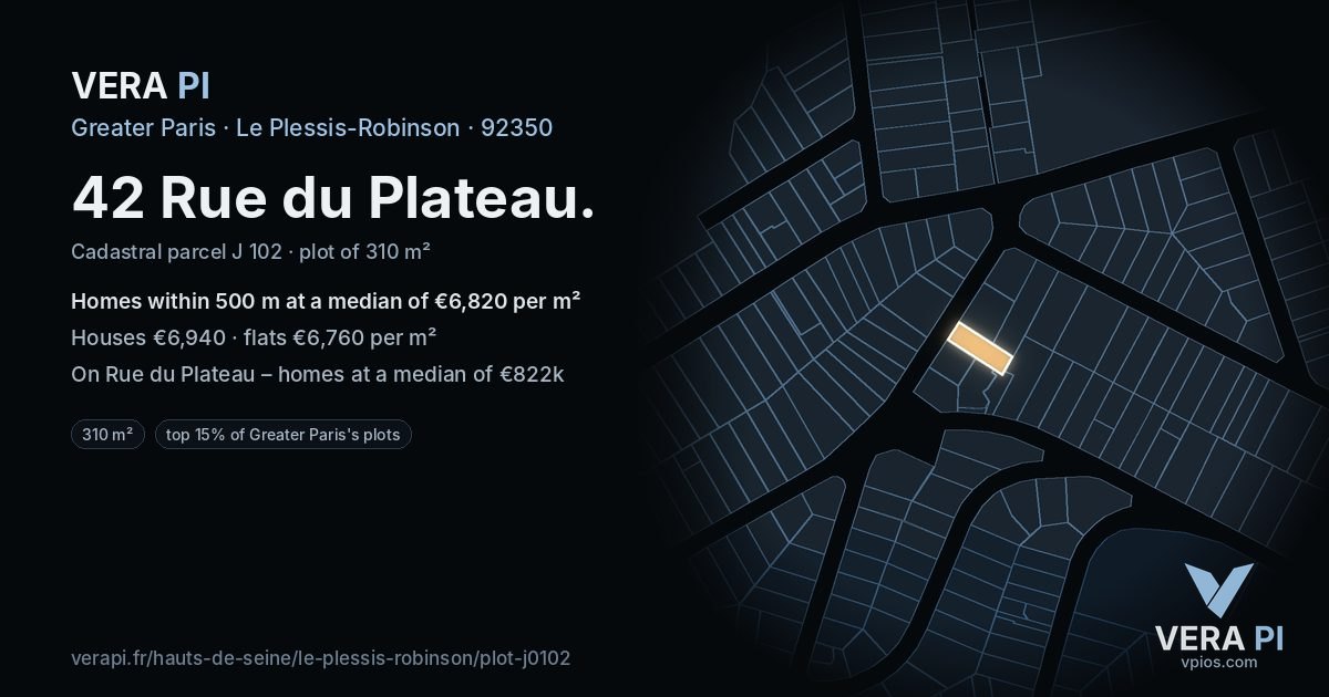 42 Rue du Plateau, Le Plessis-Robinson at night – the plot lit, the parcels around coloured by the prices near them