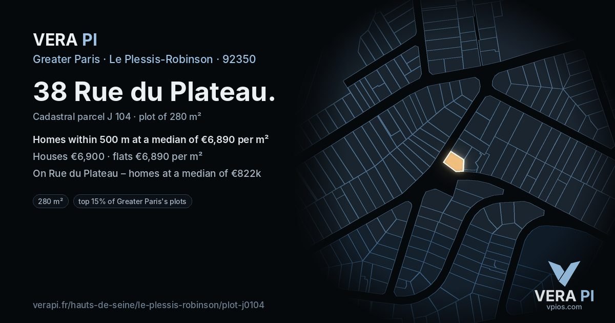 38 Rue du Plateau, Le Plessis-Robinson at night – the plot lit, the parcels around coloured by the prices near them