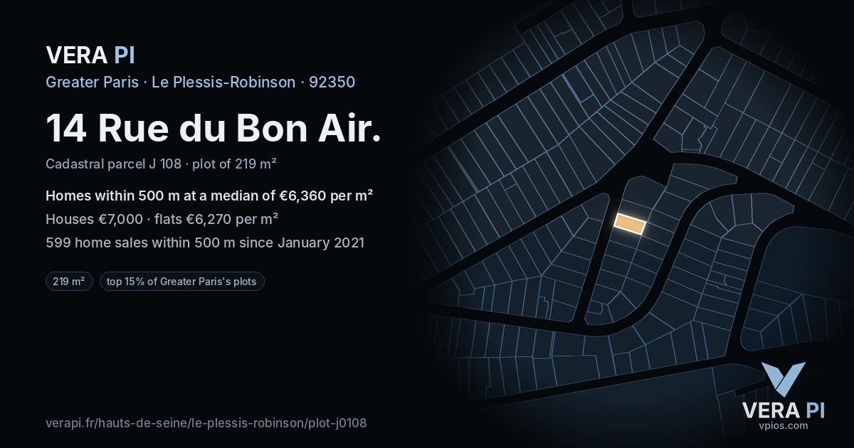 14 Rue du Bon Air, Le Plessis-Robinson at night – the plot lit, the parcels around coloured by the prices near them