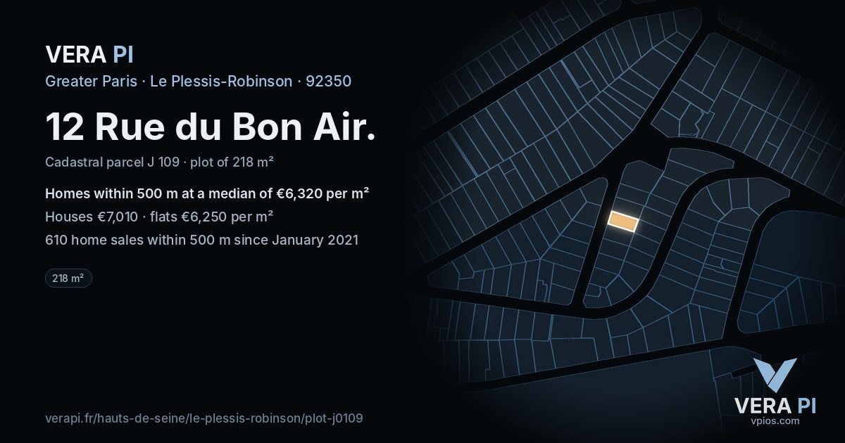 12 Rue du Bon Air, Le Plessis-Robinson at night – the plot lit, the parcels around coloured by the prices near them