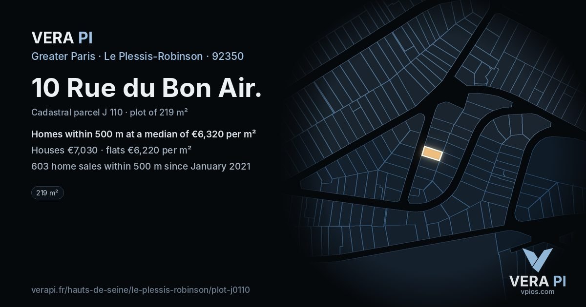 10 Rue du Bon Air, Le Plessis-Robinson at night – the plot lit, the parcels around coloured by the prices near them