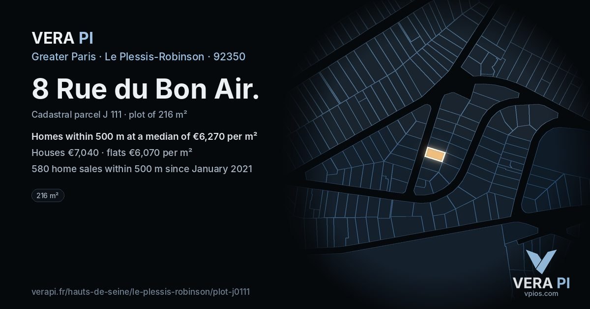 8 Rue du Bon Air, Le Plessis-Robinson at night – the plot lit, the parcels around coloured by the prices near them