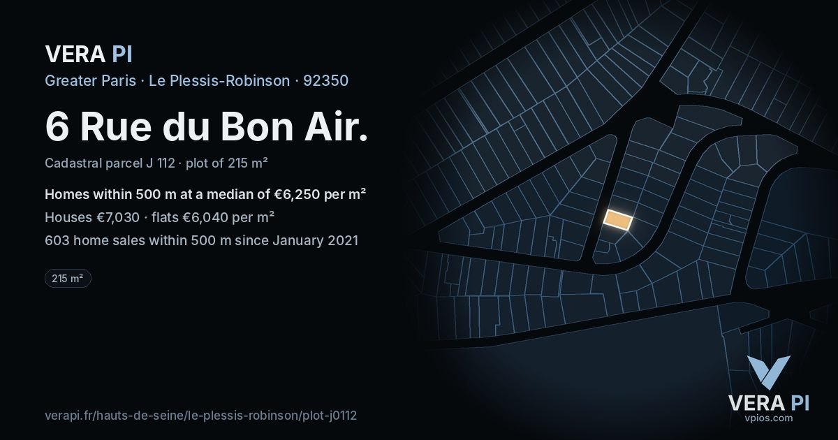 6 Rue du Bon Air, Le Plessis-Robinson at night – the plot lit, the parcels around coloured by the prices near them