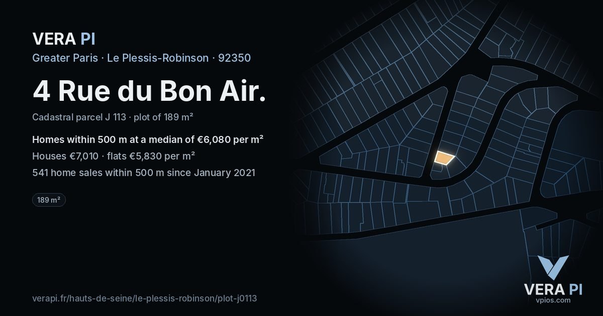 4 Rue du Bon Air, Le Plessis-Robinson at night – the plot lit, the parcels around coloured by the prices near them