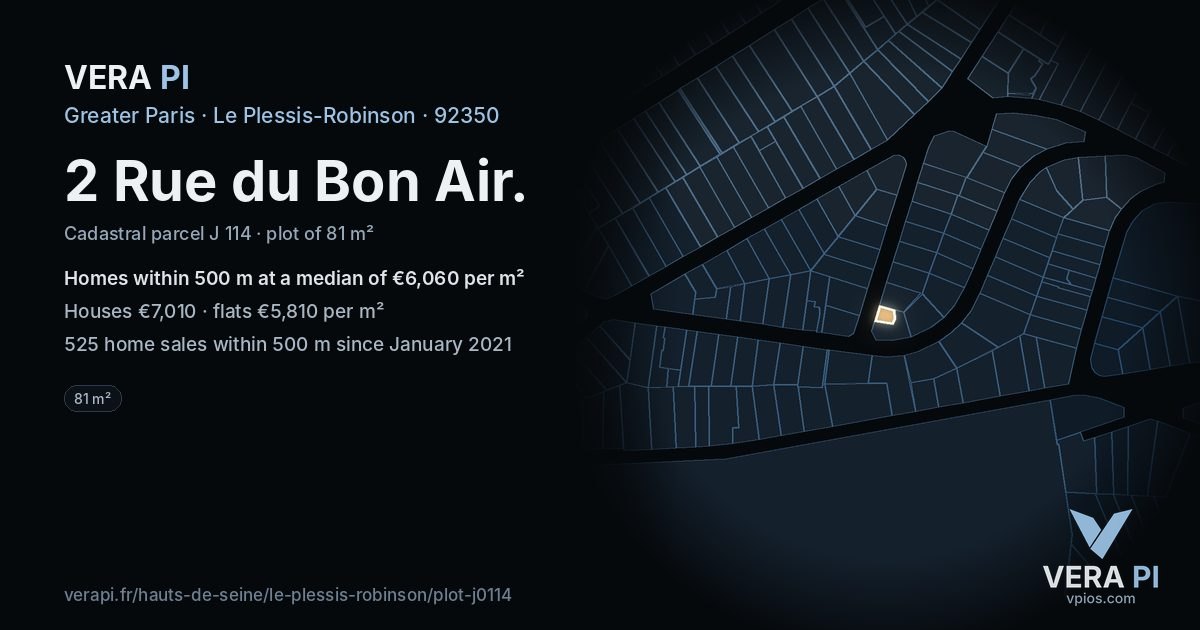2 Rue du Bon Air, Le Plessis-Robinson at night – the plot lit, the parcels around coloured by the prices near them