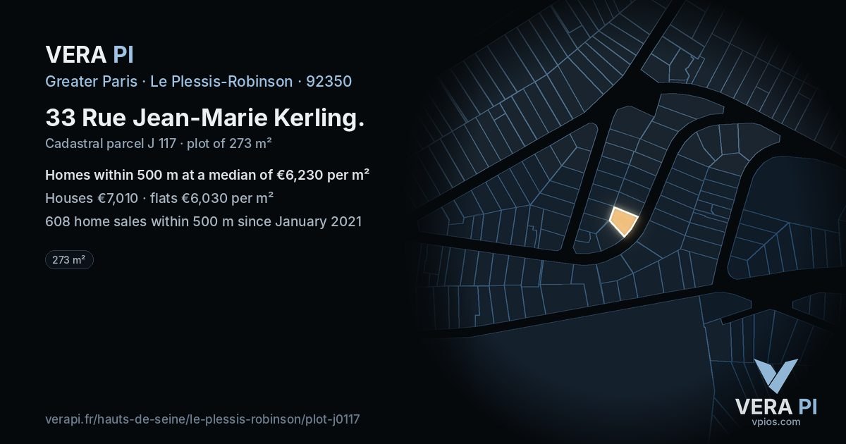 33 Rue Jean-Marie Kerling, Le Plessis-Robinson at night – the plot lit, the parcels around coloured by the prices near them