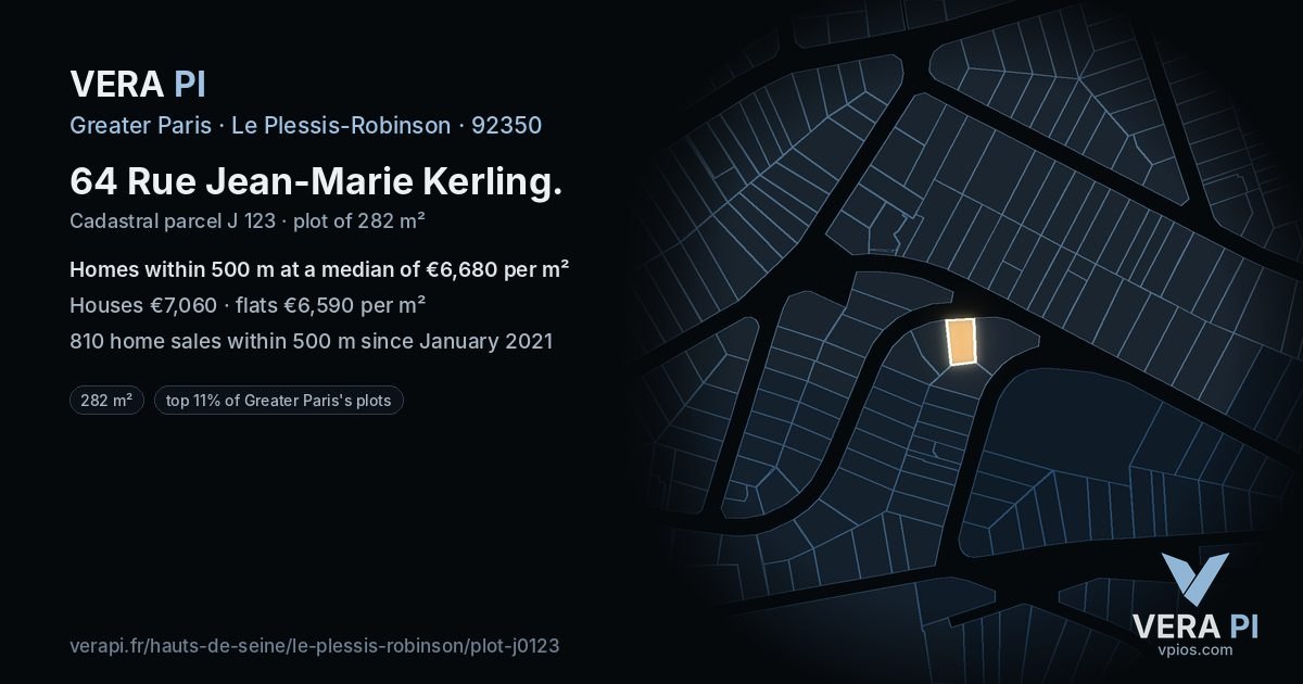 64 Rue Jean-Marie Kerling, Le Plessis-Robinson at night – the plot lit, the parcels around coloured by the prices near them