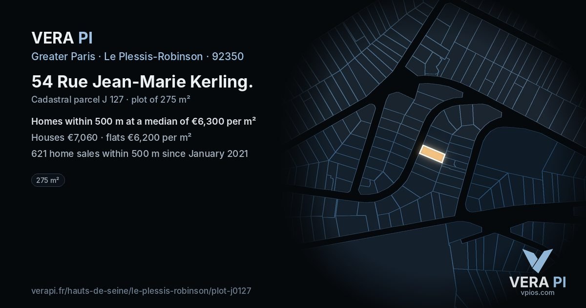 54 Rue Jean-Marie Kerling, Le Plessis-Robinson at night – the plot lit, the parcels around coloured by the prices near them