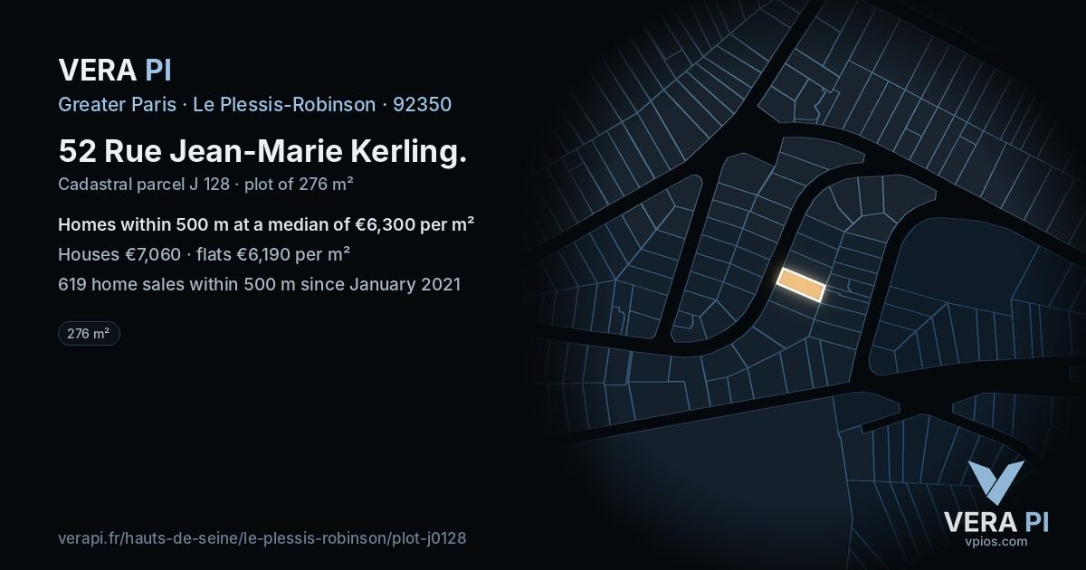 52 Rue Jean-Marie Kerling, Le Plessis-Robinson at night – the plot lit, the parcels around coloured by the prices near them
