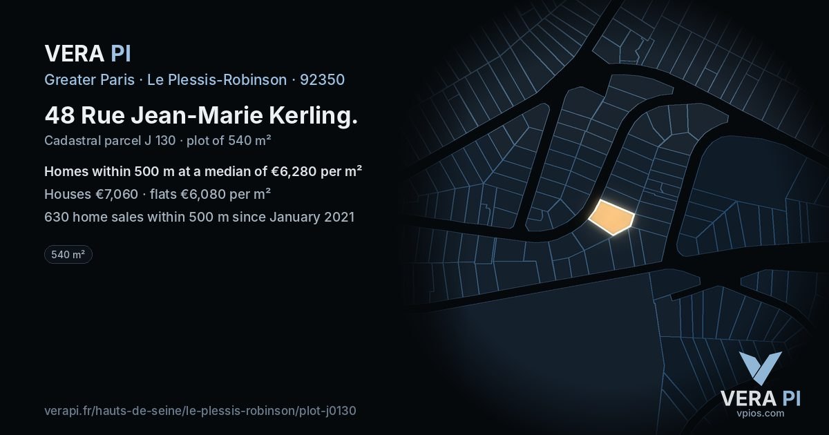 48 Rue Jean-Marie Kerling, Le Plessis-Robinson at night – the plot lit, the parcels around coloured by the prices near them