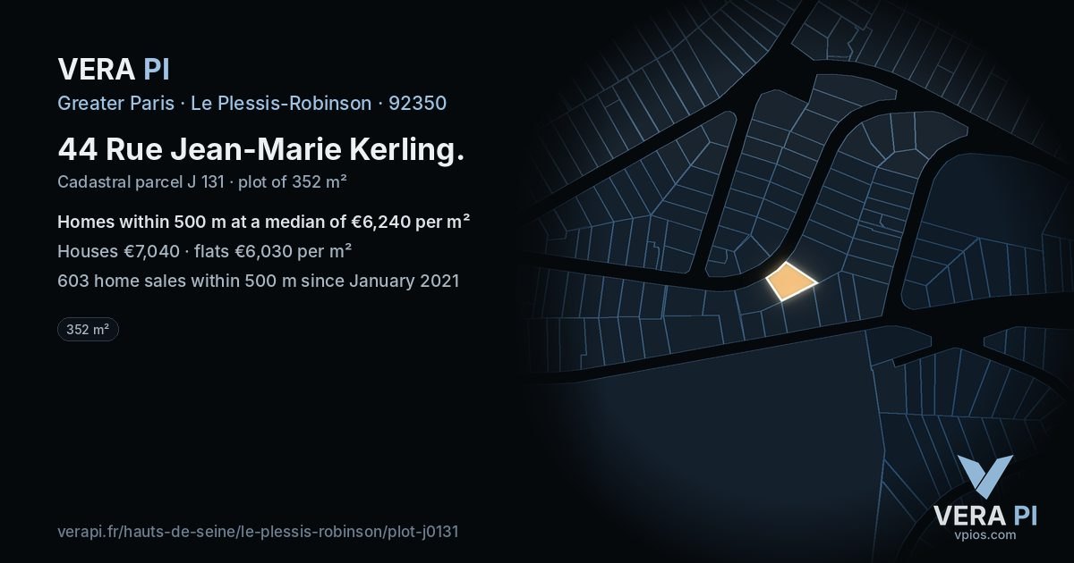 44 Rue Jean-Marie Kerling, Le Plessis-Robinson at night – the plot lit, the parcels around coloured by the prices near them