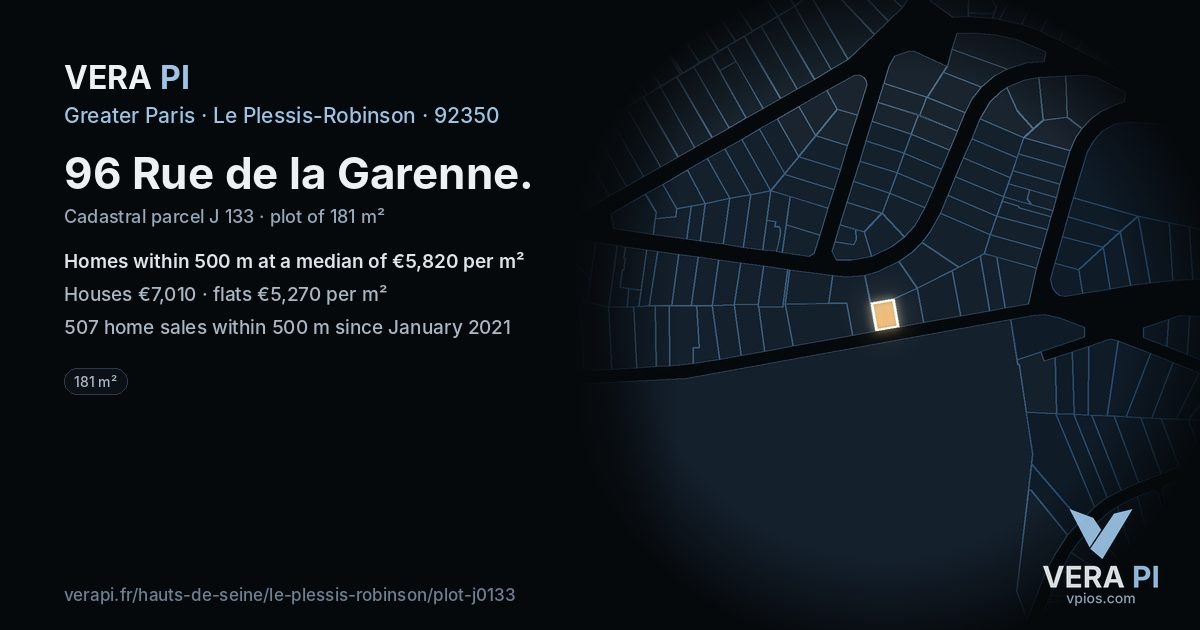 96 Rue de la Garenne, Le Plessis-Robinson at night – the plot lit, the parcels around coloured by the prices near them