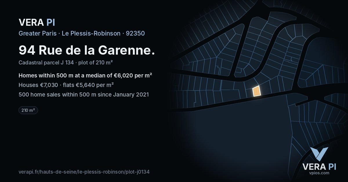 94 Rue de la Garenne, Le Plessis-Robinson at night – the plot lit, the parcels around coloured by the prices near them