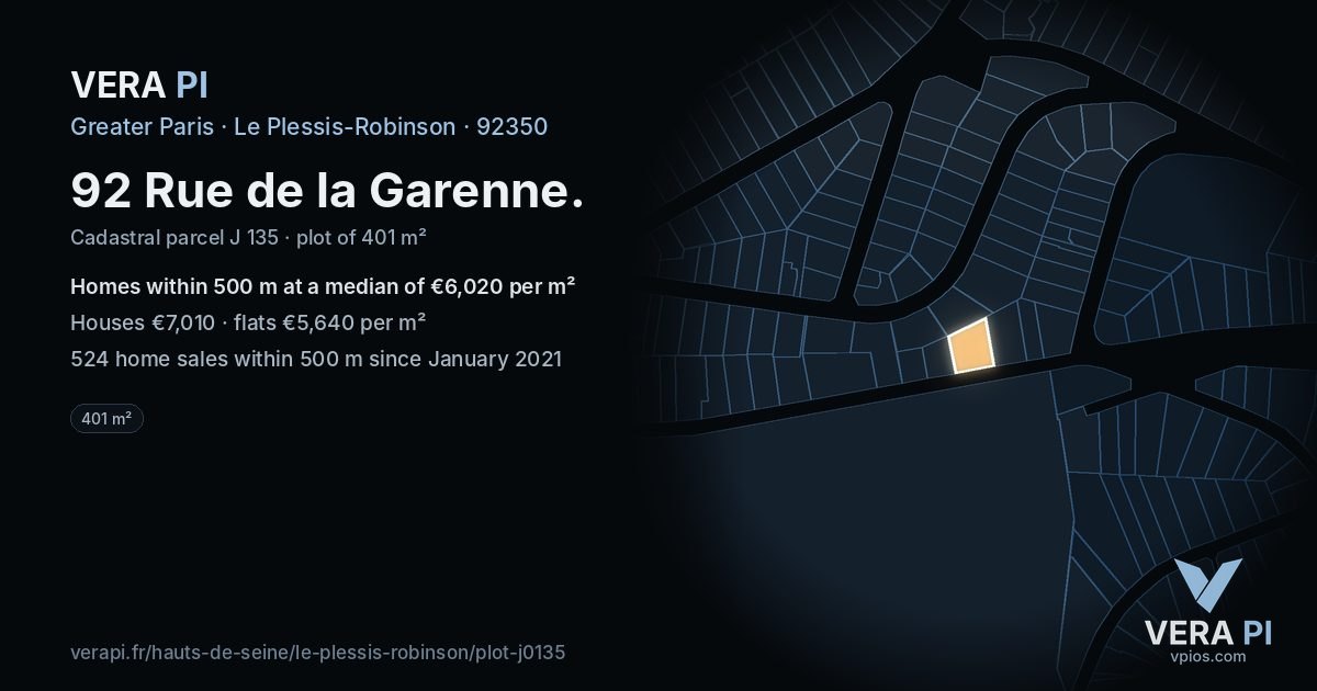 92 Rue de la Garenne, Le Plessis-Robinson at night – the plot lit, the parcels around coloured by the prices near them