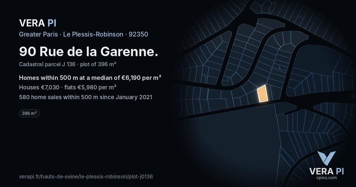 90 Rue de la Garenne, Le Plessis-Robinson at night – the plot lit, the parcels around coloured by the prices near them