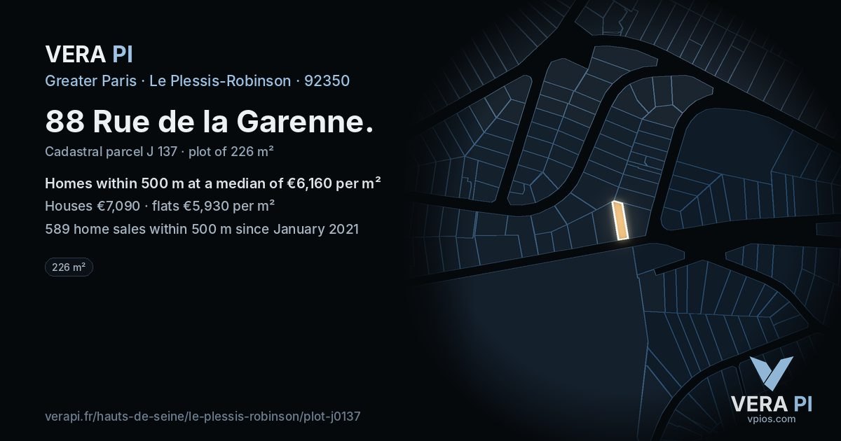 88 Rue de la Garenne, Le Plessis-Robinson at night – the plot lit, the parcels around coloured by the prices near them