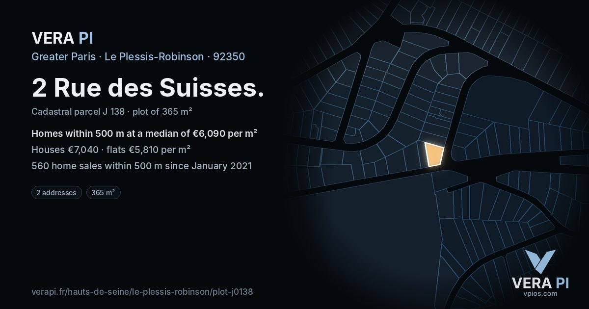 2 Rue des Suisses, Le Plessis-Robinson at night – the plot lit, the parcels around coloured by the prices near them