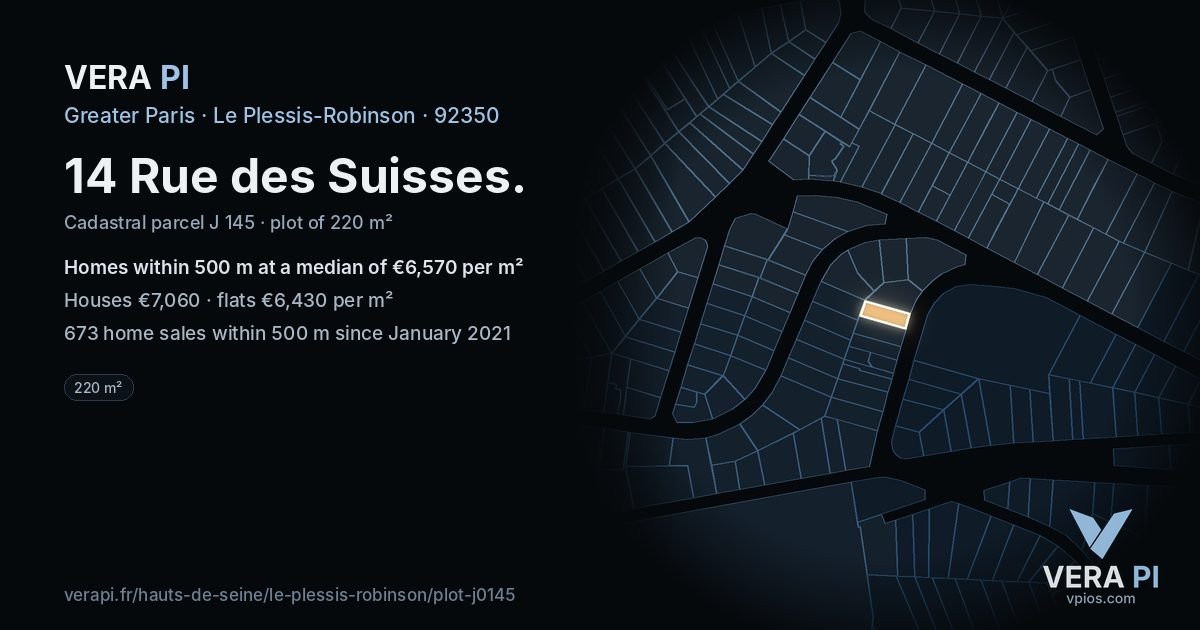 14 Rue des Suisses, Le Plessis-Robinson at night – the plot lit, the parcels around coloured by the prices near them