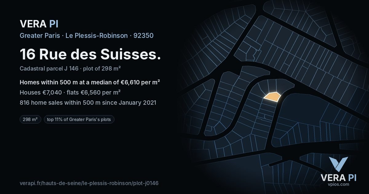 16 Rue des Suisses, Le Plessis-Robinson at night – the plot lit, the parcels around coloured by the prices near them