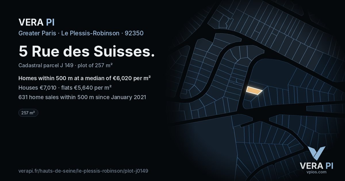 5 Rue des Suisses, Le Plessis-Robinson at night – the plot lit, the parcels around coloured by the prices near them