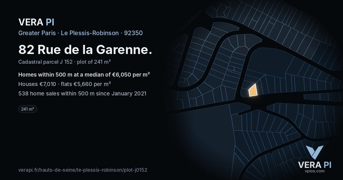 82 Rue de la Garenne, Le Plessis-Robinson at night – the plot lit, the parcels around coloured by the prices near them