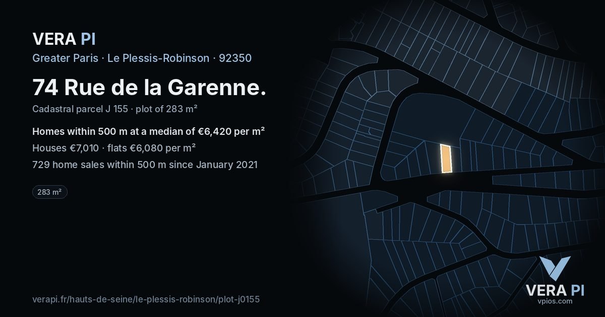 74 Rue de la Garenne, Le Plessis-Robinson at night – the plot lit, the parcels around coloured by the prices near them