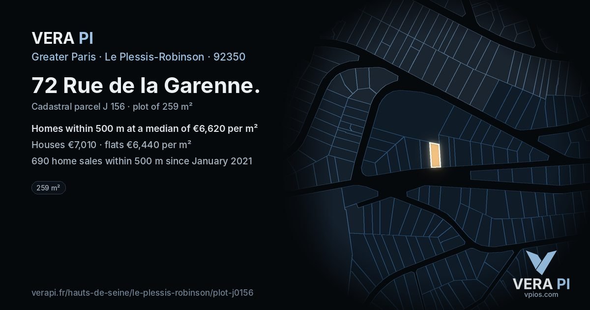 72 Rue de la Garenne, Le Plessis-Robinson at night – the plot lit, the parcels around coloured by the prices near them