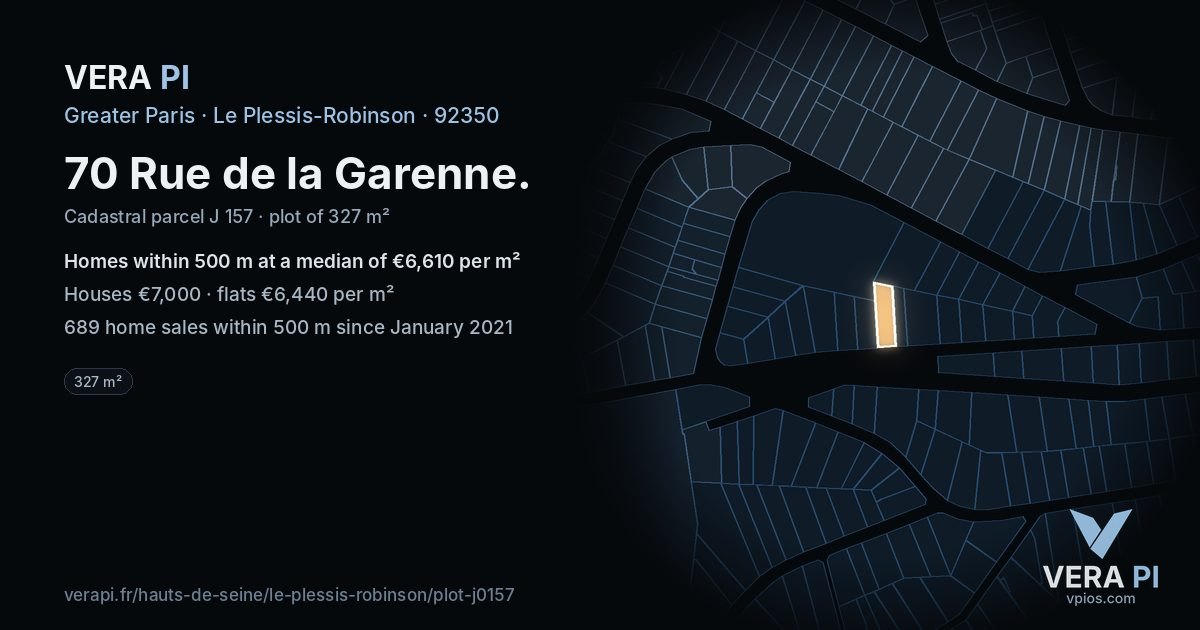 70 Rue de la Garenne, Le Plessis-Robinson at night – the plot lit, the parcels around coloured by the prices near them