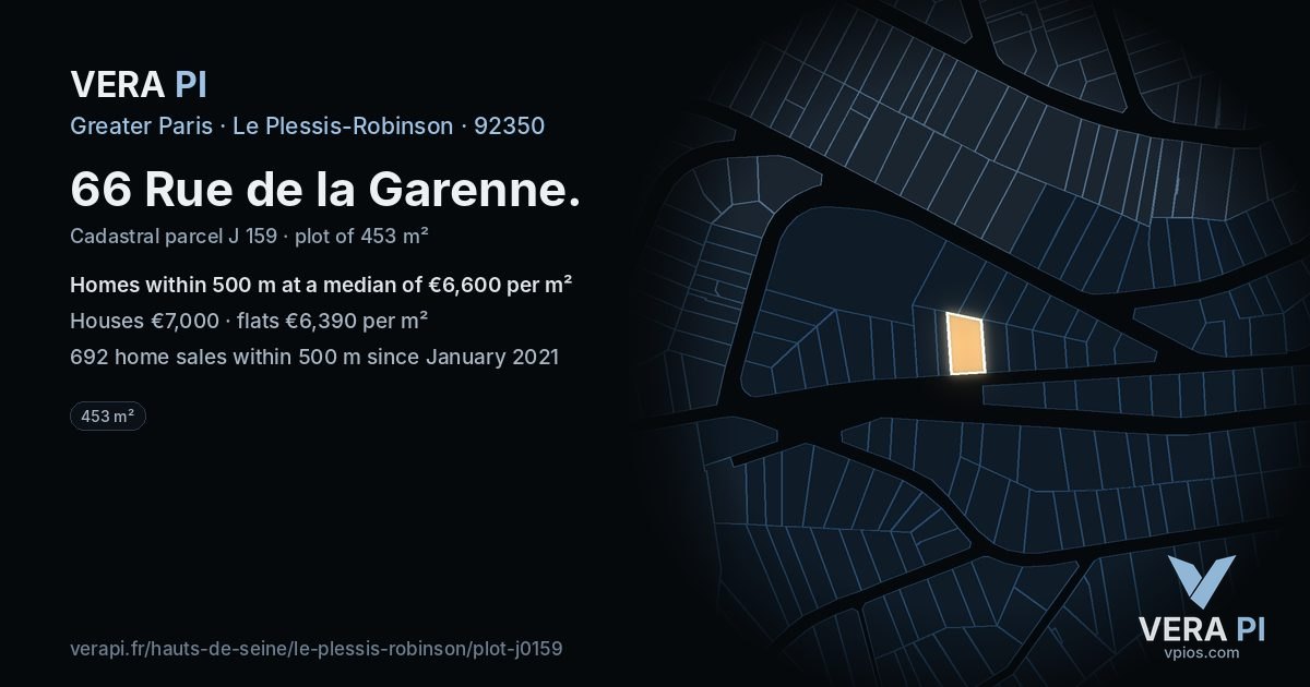 66 Rue de la Garenne, Le Plessis-Robinson at night – the plot lit, the parcels around coloured by the prices near them