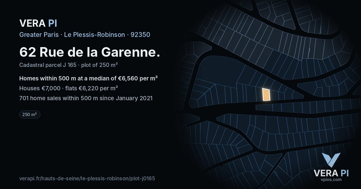 62 Rue de la Garenne, Le Plessis-Robinson at night – the plot lit, the parcels around coloured by the prices near them