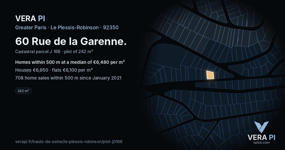 60 Rue de la Garenne, Le Plessis-Robinson at night – the plot lit, the parcels around coloured by the prices near them