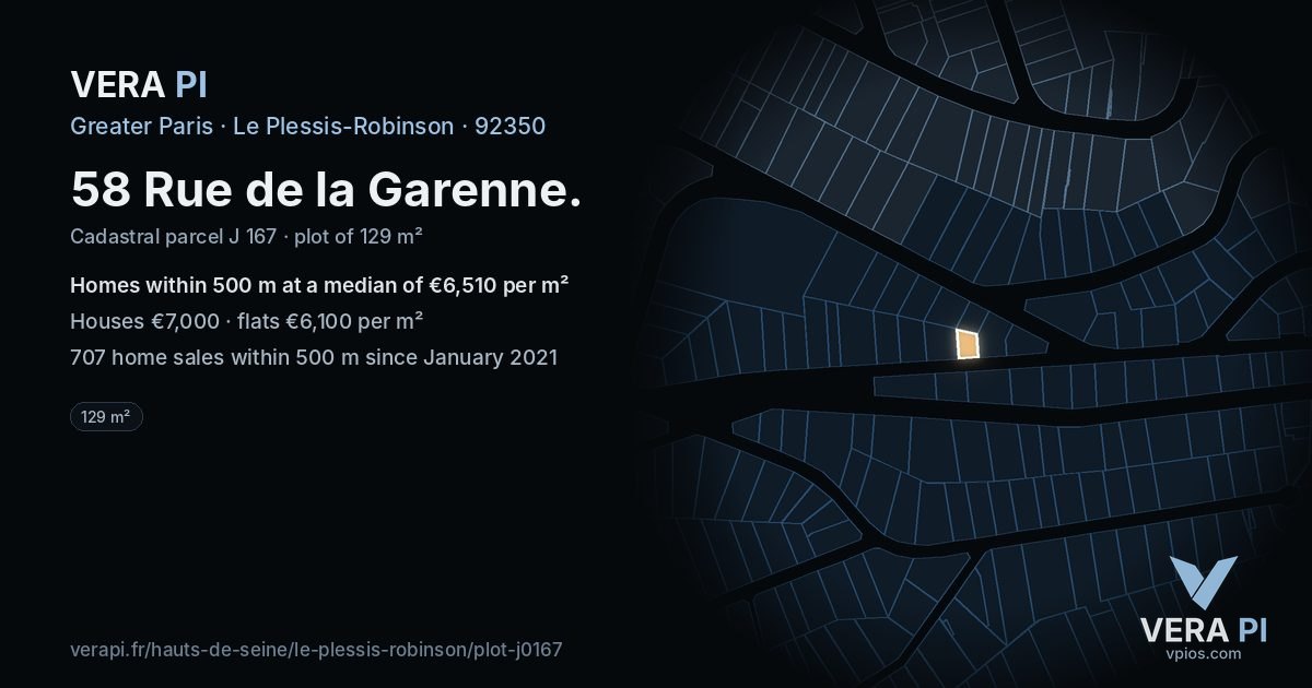 58 Rue de la Garenne, Le Plessis-Robinson at night – the plot lit, the parcels around coloured by the prices near them