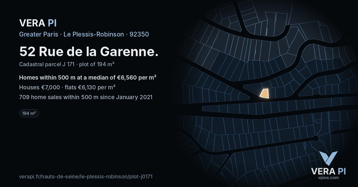 52 Rue de la Garenne, Le Plessis-Robinson at night – the plot lit, the parcels around coloured by the prices near them