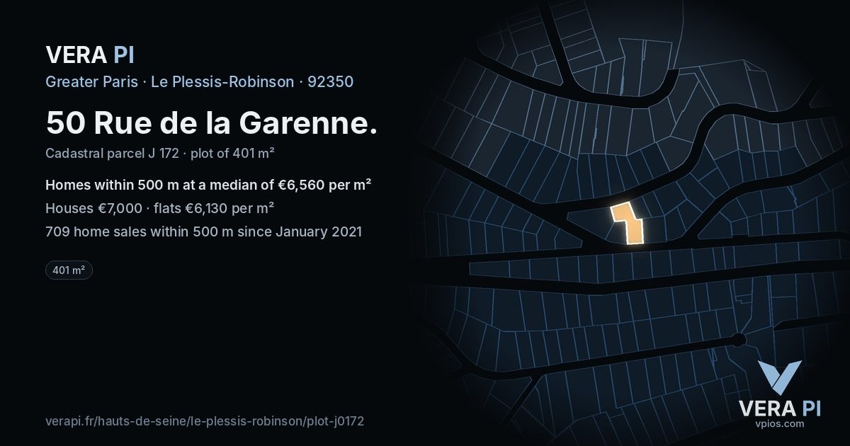 50 Rue de la Garenne, Le Plessis-Robinson at night – the plot lit, the parcels around coloured by the prices near them