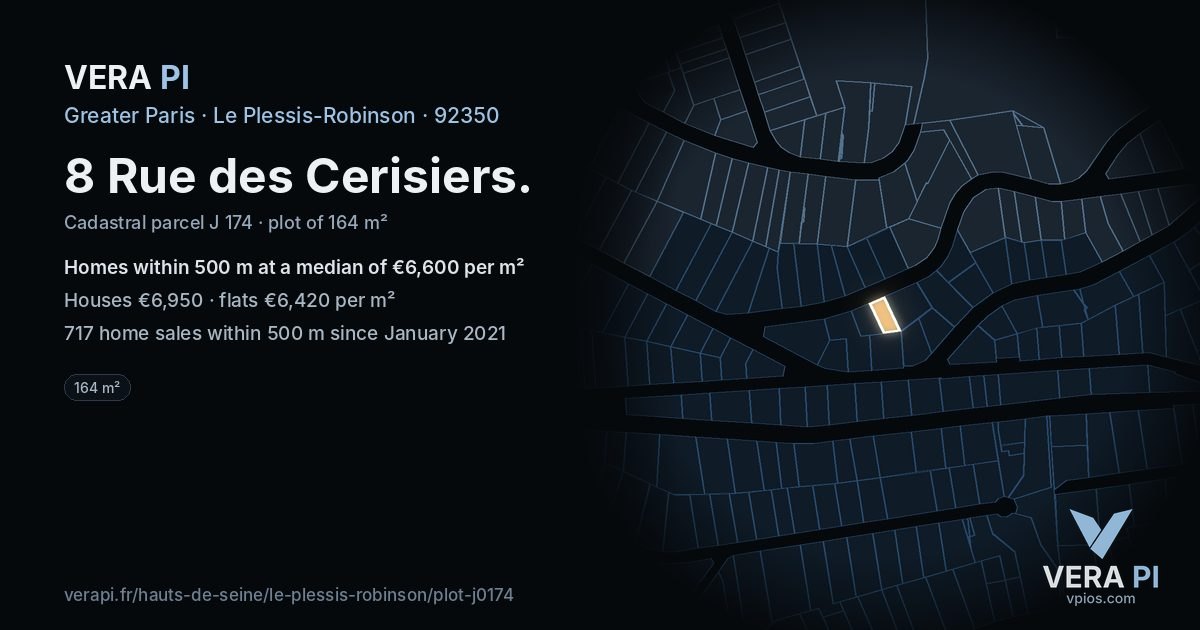 8 Rue des Cerisiers, Le Plessis-Robinson at night – the plot lit, the parcels around coloured by the prices near them