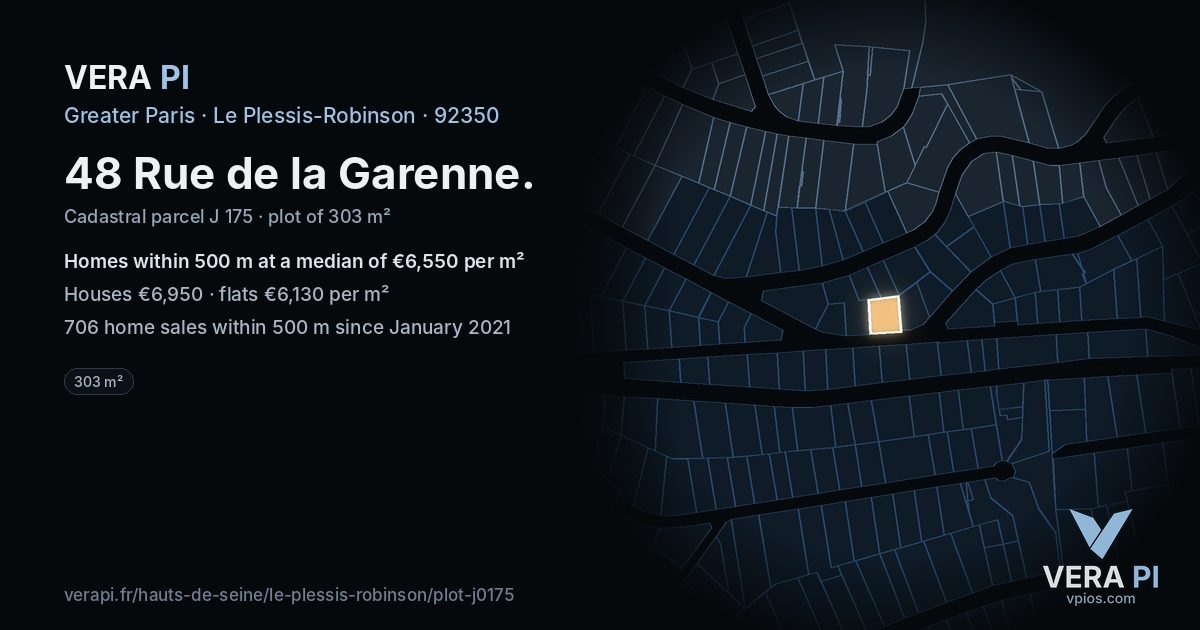 48 Rue de la Garenne, Le Plessis-Robinson at night – the plot lit, the parcels around coloured by the prices near them